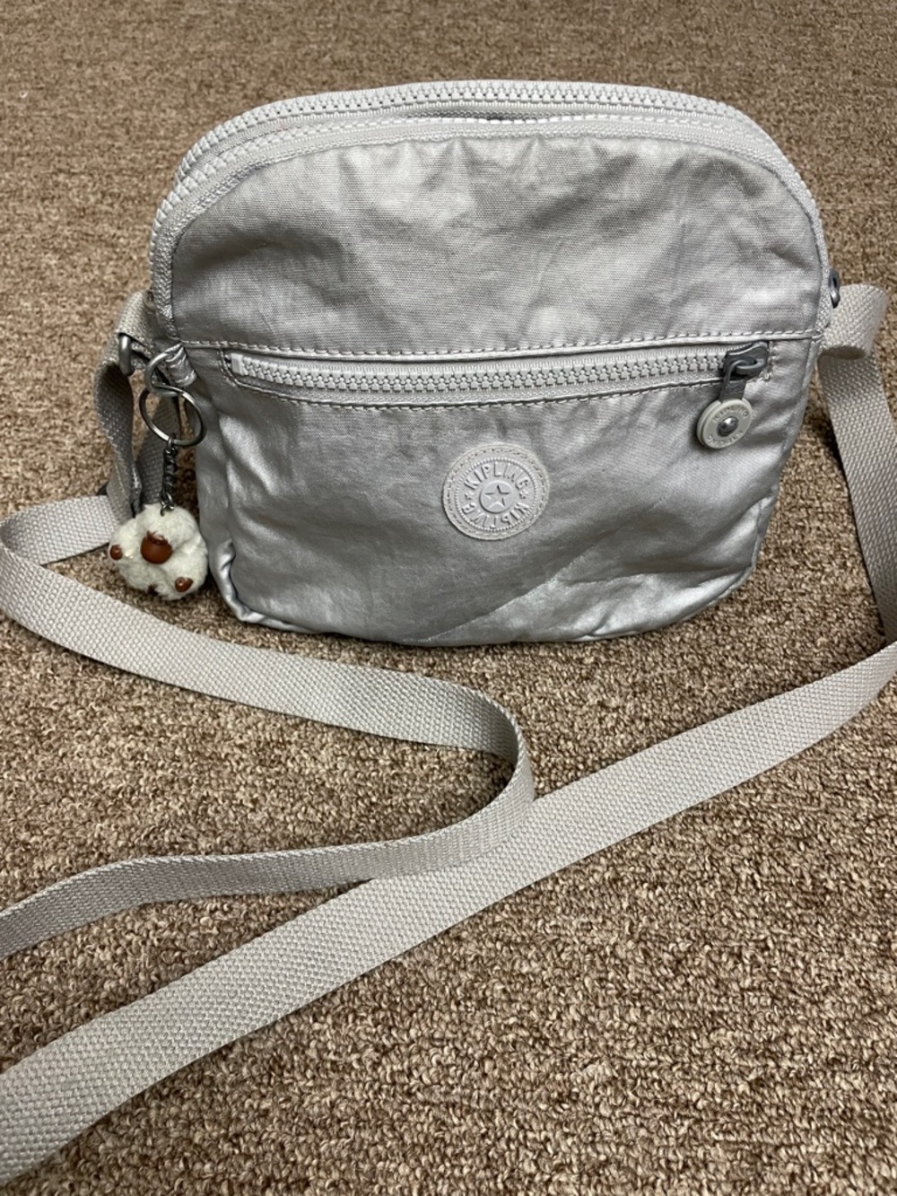 Kipling Metallic Silver Crossbody with Monkey Charm